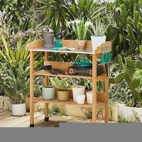 Yaheetech Outdoor Garden Potting Bench Table Wooden Horticulture Planting Worstation W/Metal Tabletop/Storage Shelf/3 Hooks  Natural Wood