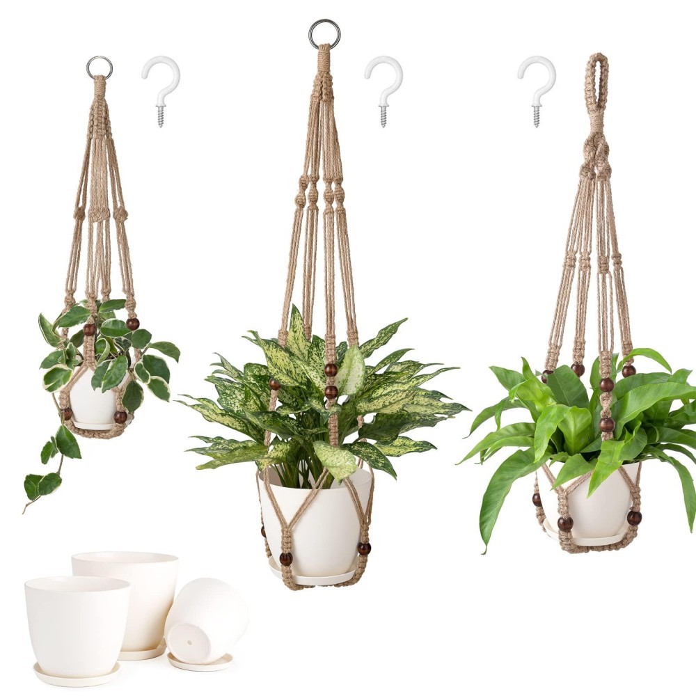 Mkono 3 Pack Macrame Plant Hangers With Pots 352923 Indoor Different Size Hanging Planter Basket Flower Pot Holder With