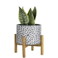 La Jolie Muse Ceramic Plant Pot With Wood Stand 8 Inch Unique Modern Flower Pots Indoor With Wood Planter Holder And Drainage