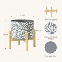 La Jolie Muse Ceramic Plant Pot With Wood Stand 8 Inch Unique Modern Flower Pots Indoor With Wood Planter Holder And Drainage