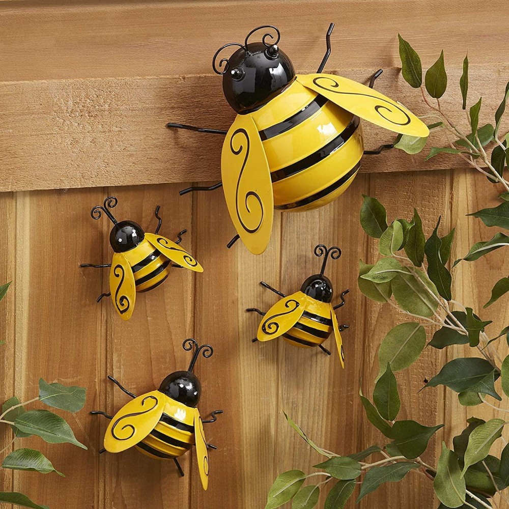 Yungeln Metal Wall Art 4Pcs Metal Bumble Bee Wall Decor 3D Iron Bee Art Sculpture Hanging Wall Decorations For Outdoor Home Ga