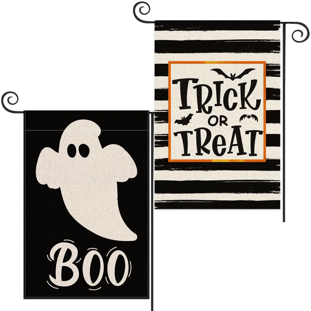 2 Pack Ghost Spooky Halloween Boo Garden Flag 12 X 18 Inch Double Sided Vertical Burlap Trick Or Treat Garden Flag For Seasonal