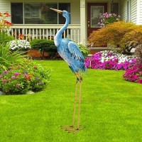 Nacome Large Standing Blue Metal Crane Garden Statue Indooroutdoor Heron Garden Animal Sculpture For Home Garden Patio Backyar