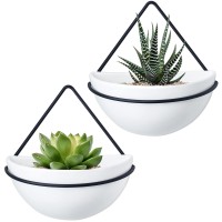 Mkono Ceramic Wall Planter Set Of 2 Hanging Planter With Metal Geometric Plant Hanger Modern Wall Mounted Plant Pot For Succule