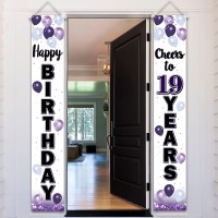 Laskyer Happy 19Th Birthday Decorations 19Th Purple Balloon Birthday Theme Door Hanging Banner Sign Cheers To Nineteen Years Old