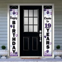 Laskyer Happy 19Th Birthday Decorations 19Th Purple Balloon Birthday Theme Door Hanging Banner Sign Cheers To Nineteen Years Old