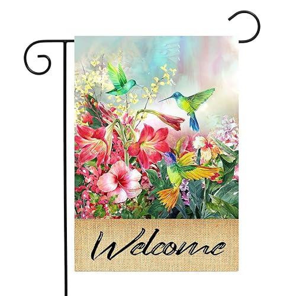 Hummingbird Garden Flag Spring Hibiscus Flower Summer Garden Flags 12X18 Double Sided Welcome Flag Home Outdoor Patio Yard Lawn