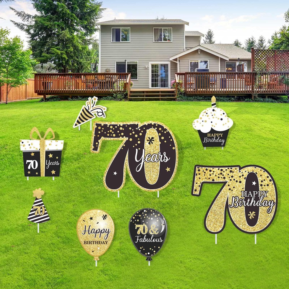 Happy 70Th Birthday Party Yard Sign Set Of 8 Black Gold 70 Birthday Yard Signs With Stakes And Outdoor Lawn Decorations