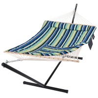 Suncreat Hammocks Double Cotton Rope Hammock With Polyester Pad Heavy Duty Hammock With Steel Stand Bluegreen