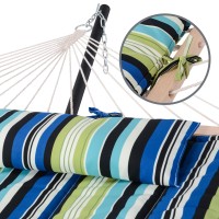 Suncreat Hammocks Double Cotton Rope Hammock With Polyester Pad Heavy Duty Hammock With Steel Stand Bluegreen