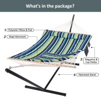 Suncreat Hammocks Double Cotton Rope Hammock With Polyester Pad Heavy Duty Hammock With Steel Stand Bluegreen