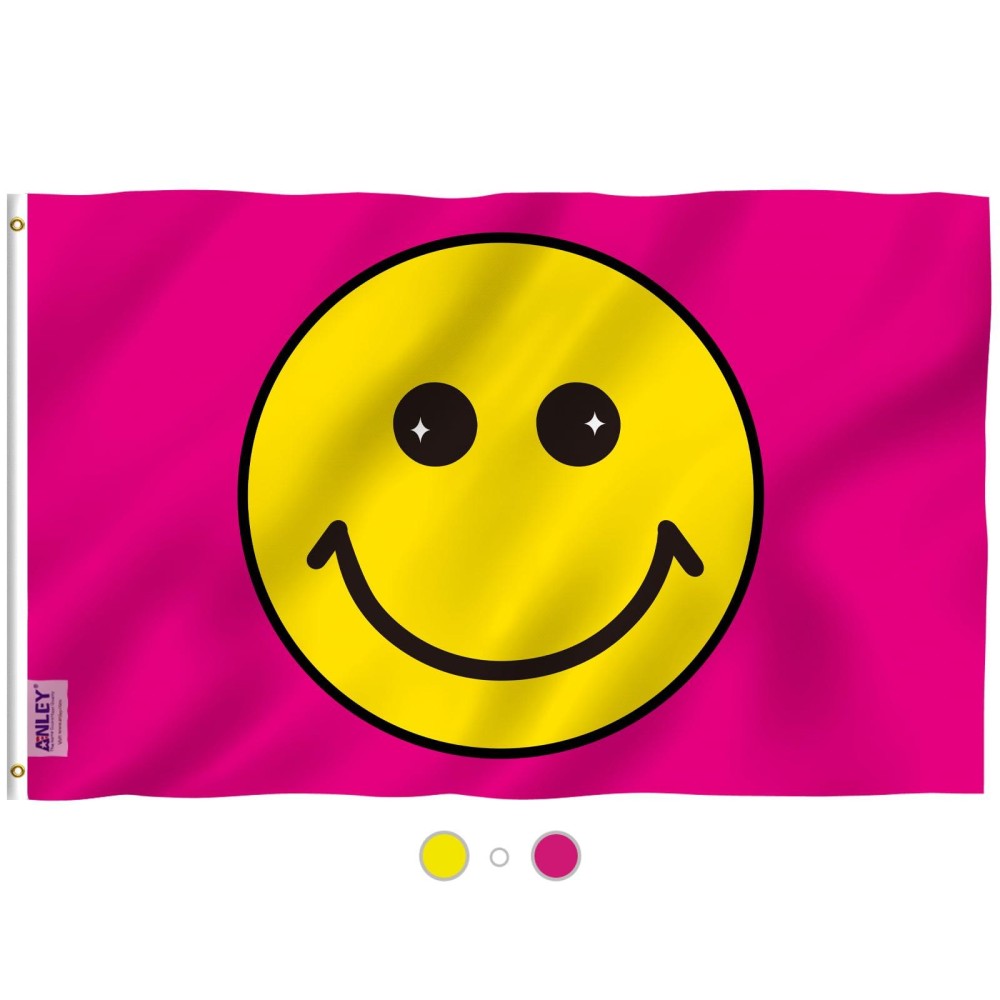 Anley Fly Breeze 3X5 Foot Pink Happy Face Flag Vivid Color And Fade Proof Canvas Header And Double Stitched Flags Polyeste