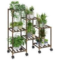 Bamworld Plant Stand With Wheels For Indoor Plants Wood Outdoor Tiered Plant Shelf 3 Tire 7 Potted Ladder Plant Holder Table Pla