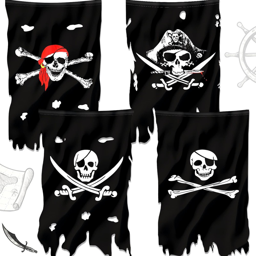 4 Pieces Jolly Roger Flag Halloween Pirate Flag Crossbone Pirate Banner Creepy Ragged White Skeleton Black Flag For Indoor And O