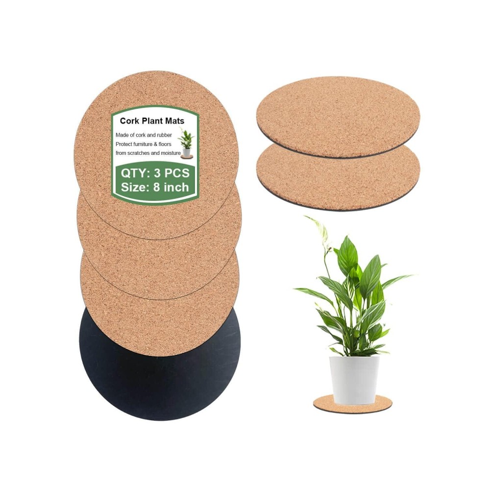 Vensovo 8 Inch Cork Plant Mats 3 Pcs Large Cork Plant Coasters For House Plants Indoor Cork Plant Pads Cork Mats For Plants D