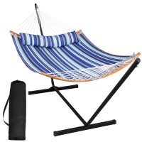 Suncreat Double Hammock With Stand Included Portable Hammock With Stand And Large Pillow Blue Stripes