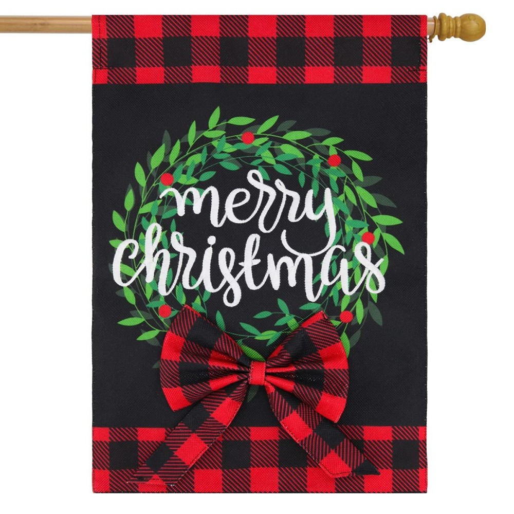 Christmas Wreath Burlap House Flag Checkered Plaid 28 X 40 Briarwood Lane