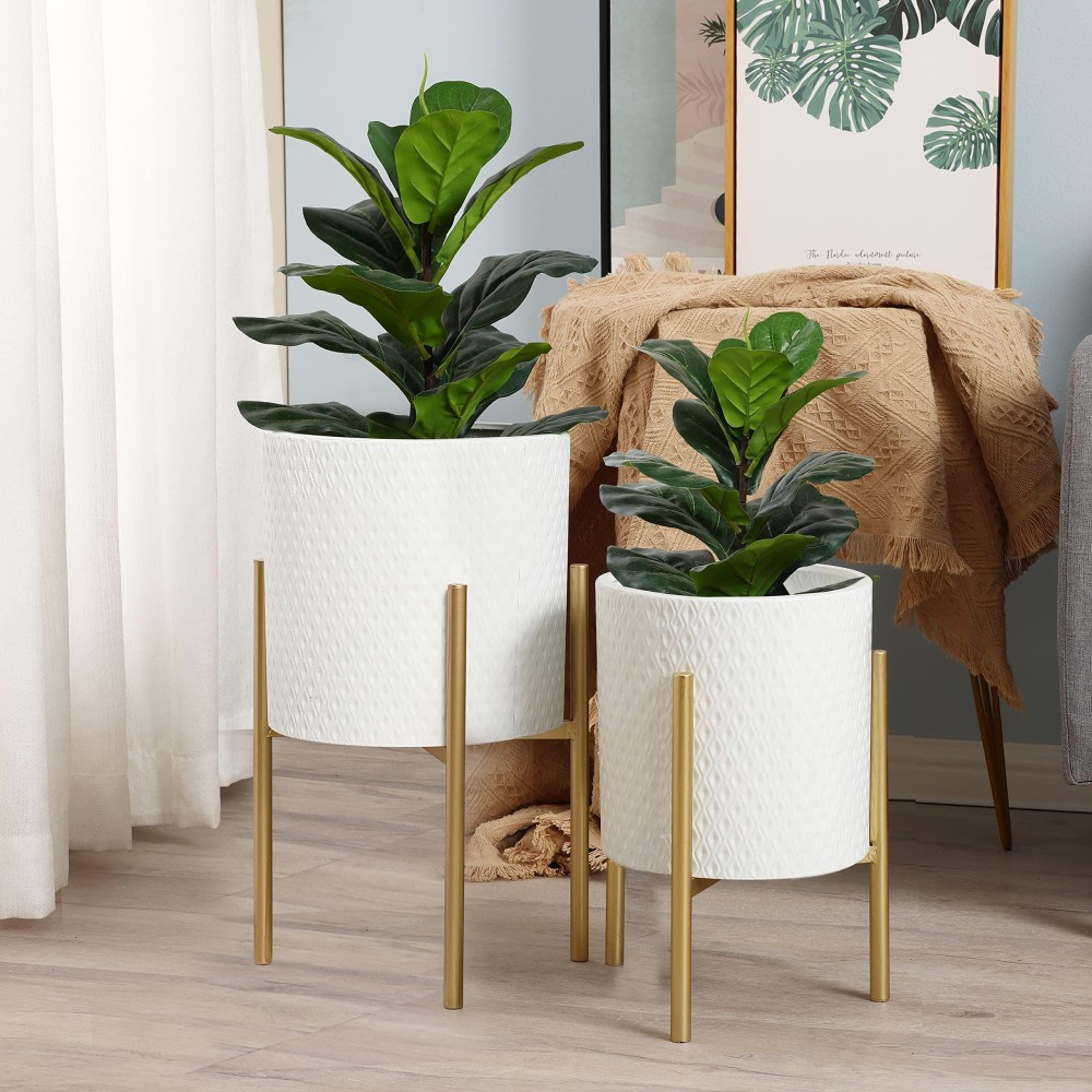 Luxenhome Planters For Indoor Plants Set Of 2 Indoor Plant Pots White Planter With Gold Metal Stand Luxury Flower Pots For In