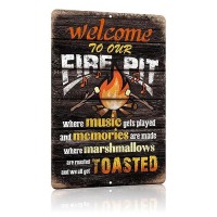 Yniaun Decor Welcome To Our Fire Pit Funny Camper/Camping Metal Tin Signs Vintage Patio Back Yard Decorations Gifts 8 X 12 Inch Indoor/Outside Accessories - Music Gets Played & Memories Are Made