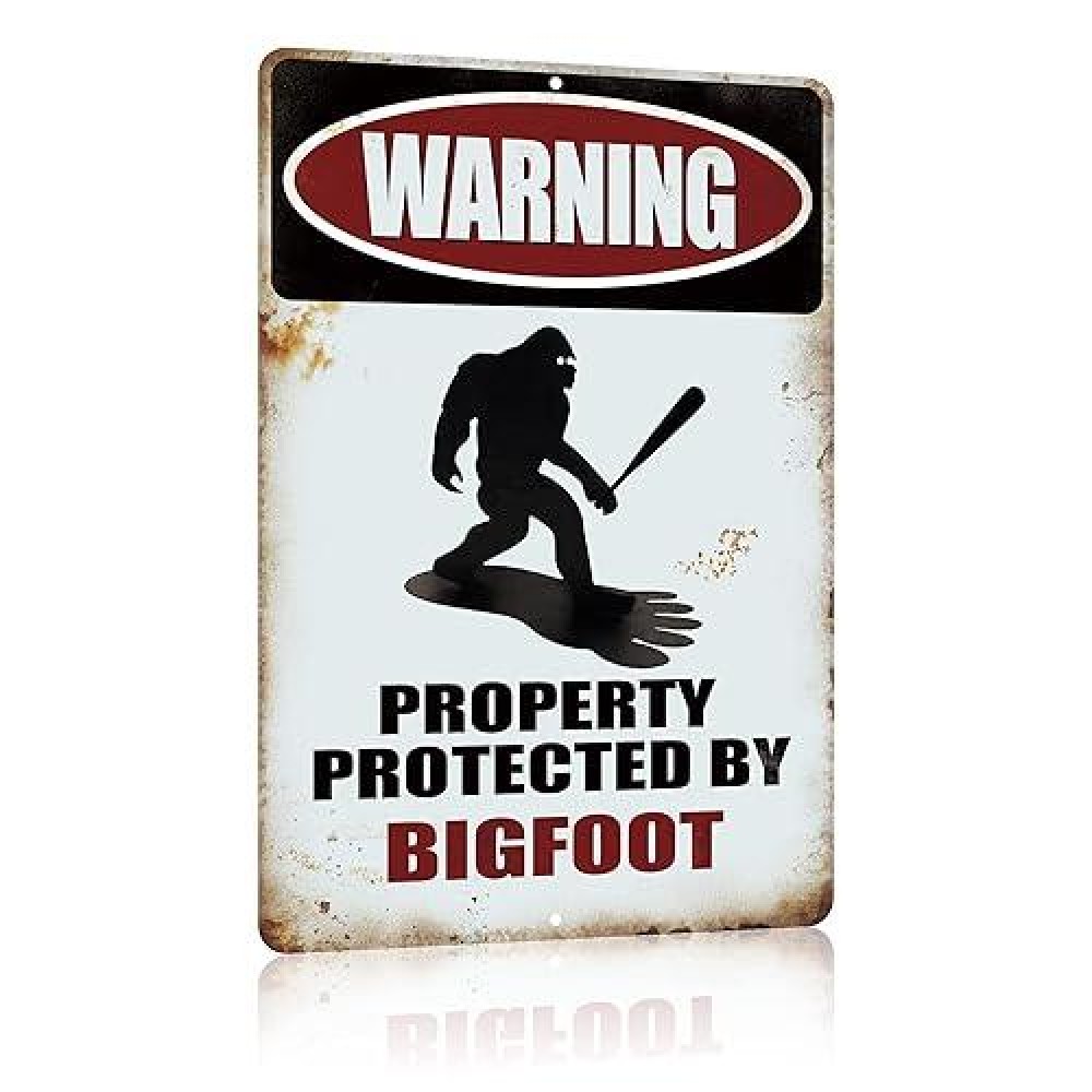 Yniaun Decor Funny Sasquatch Gift Metal Sign Warning Property Protected By Bigfoot Gifts Tin Signs Vintage Garage Garden Forest Back Yard Decor For Wall/Porch 12 X 8 Inches Outdoor & Indoor