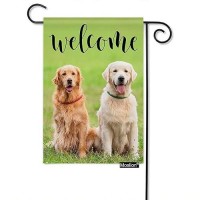 Moslion Welcome Golden Retriever Garden Flag 12.5X18 Inch Happy Dogs On Green Grass Field Yard Flag Burlap Banners Vertical Double Sided For Farm House Outside