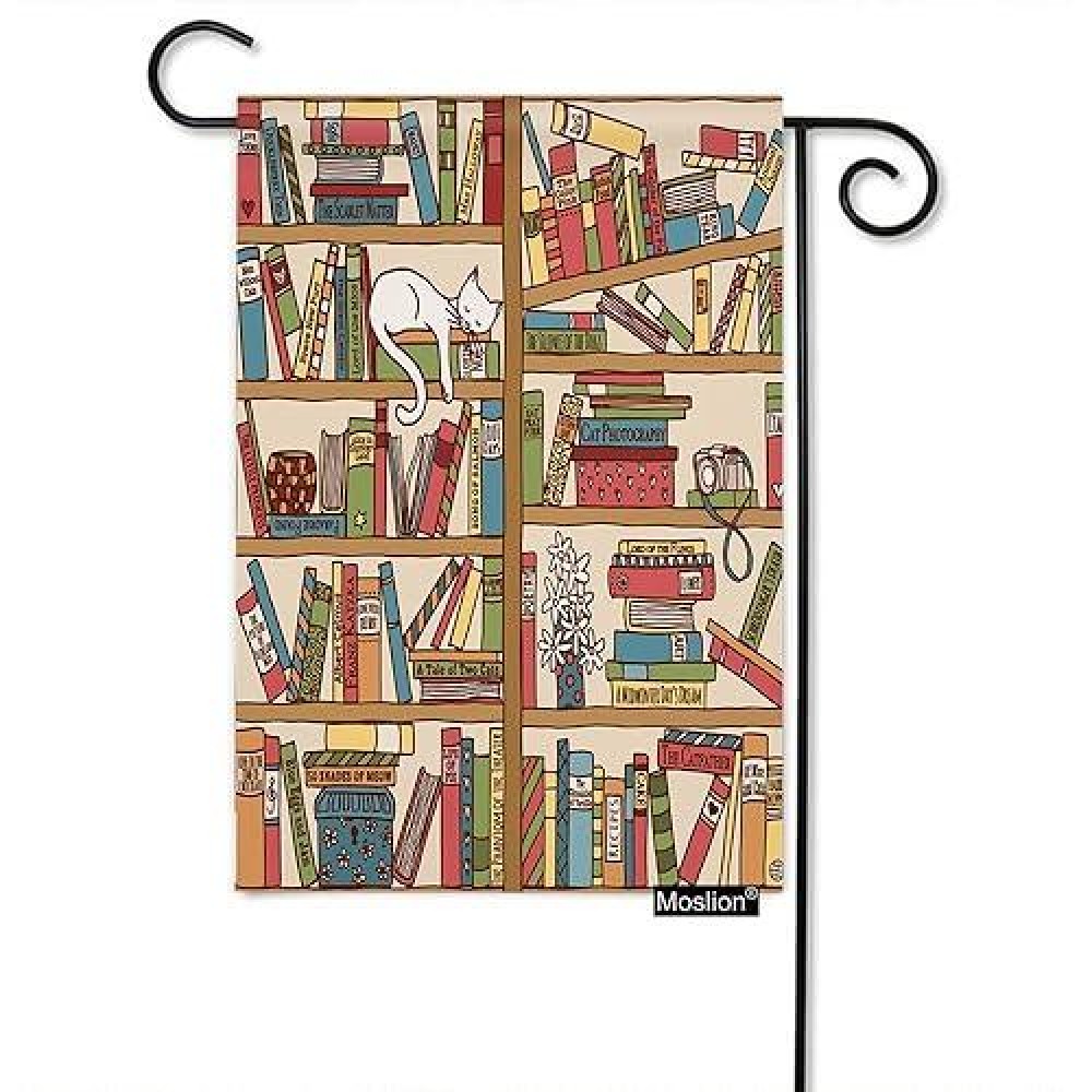 Moslion Book Garden Flag 12.5X18 Inch Cartoon Bookshelf With Cute Sleeping Cat Kitten In Library Yard Flag Burlap Banners Vertical Double Sided For Farm House Outside