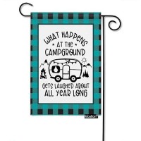 Moslion Camping Garden Flag 12.5X18 Inch Blue Black Plaid Bus Mountain What Happens At The Campground Get Laughed About All Year Yard Flag Burlap Banners Vertical Double Sided For Farm House Outside