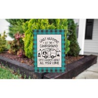 Moslion Camping Garden Flag 12.5X18 Inch Blue Black Plaid Bus Mountain What Happens At The Campground Get Laughed About All Year Yard Flag Burlap Banners Vertical Double Sided For Farm House Outside