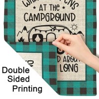 Moslion Camping Garden Flag 12.5X18 Inch Blue Black Plaid Bus Mountain What Happens At The Campground Get Laughed About All Year Yard Flag Burlap Banners Vertical Double Sided For Farm House Outside