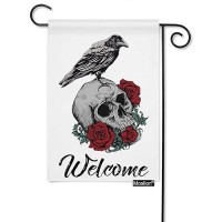 Moslion Skull Welcome Garden Flags Double Sided Bird Rest On Skeleton Head Red Rose Day Of The Dead Yard Flag 12.5X18 Inch Burlap Banners Home Decorative Outdoor Villa