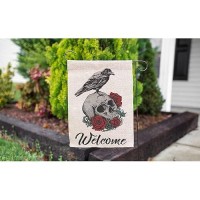 Moslion Skull Welcome Garden Flags Double Sided Bird Rest On Skeleton Head Red Rose Day Of The Dead Yard Flag 12.5X18 Inch Burlap Banners Home Decorative Outdoor Villa