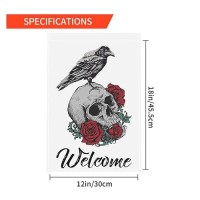 Moslion Skull Welcome Garden Flags Double Sided Bird Rest On Skeleton Head Red Rose Day Of The Dead Yard Flag 12.5X18 Inch Burlap Banners Home Decorative Outdoor Villa