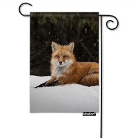 Moslion Fox Garden Flag Vertical Double Sided Wild Animal Cute Foxes Lie In Snow Field Tree Snowflake House Flags Home Burlap Banners 12.5X18 Inch For Outdoor Decor Lawn