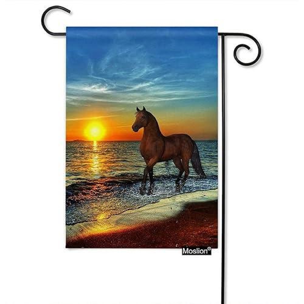 Moslion Horse Garden Flag 12.5X18 Inch Brown Horse Walking In The Beach Water Sand At Sunset In Flood Tide Yard Flag Burlap Banners Vertical Double Sided For Farm House Outside