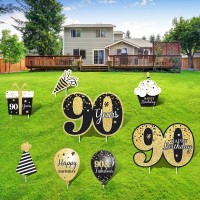 Happy 90Th Birthday Party Yard Sign Set Of 8 Black Gold 90 Birthday Yard Signs With Stakes And Outdoor Lawn Decorations