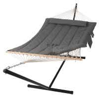 Suncreat Double Outdoor Hammock With Stand Two Person Cotton Rope Hammock With Polyester Pad Dark Gray