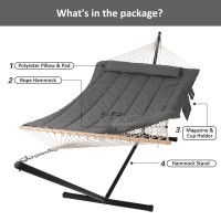 Suncreat Double Outdoor Hammock With Stand Two Person Cotton Rope Hammock With Polyester Pad Dark Gray