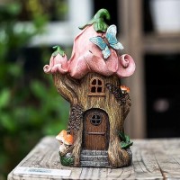 Fairy Garden Accessories Outdoor Statues Mushroom House Decor Large Gnome Solar Powered Lights Sculptures Pink Resin Figurine B