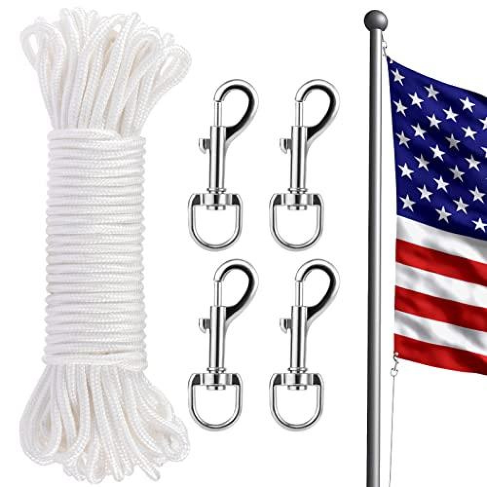 Flag Pole Rope Kit 100Ft Flag Pole Halyard Rope 14 Thick With 4 Pcs Zinc Alloy Swivel Snap Hooks For Flagpoles Up To 50Ft