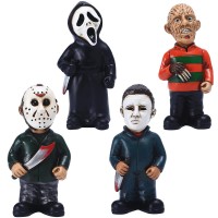 Nezababy Horror Movie Garden Gnomes Decoration Outdoor Statue Nightmare Jason Michael Myers Figurines Lawn Halloween Decor 4Pcs