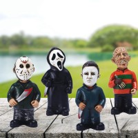 Nezababy Horror Movie Garden Gnomes Decoration Outdoor Statue Nightmare Jason Michael Myers Figurines Lawn Halloween Decor 4Pcs