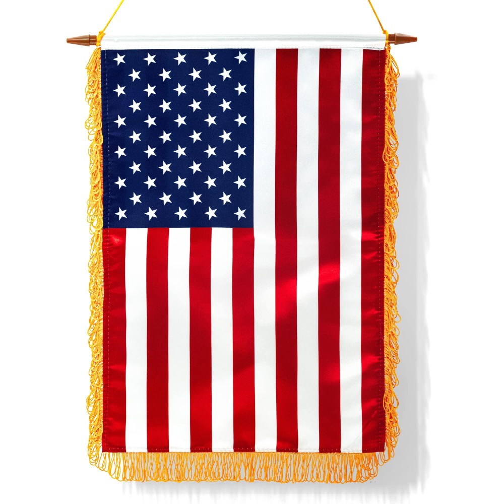 Anley 18X12 Inch Usa Wall Banner Classroom Flag American Hanging Flags For Home School And Door Beautiful Fringy Satin Fin