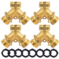 Hourleey Brass Garden Hose Splitter 2 Way Solid Brass Hose Y Splitter 2 Valves With 2 Extra Rubber Washers 4 Pack