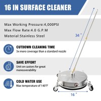 Janz 16 Pressure Washer Surface Cleaner With 4 Wheels Stainless Steel Housing 14 Quick Plug 2 Extension Wand Attachments