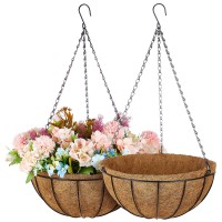 Zeedix 2Packs 14In Metal Hanging Planter Basket With Coconut Coir Liner Coconut Coir Liner With Black Chain For Porch Pots Hang