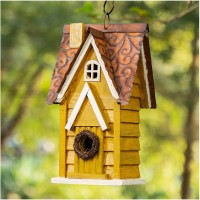 Glitzhome 12 H Yellow Distressed Solid Wood Cottage Birdhouse Hanging Bird House For Outdoors