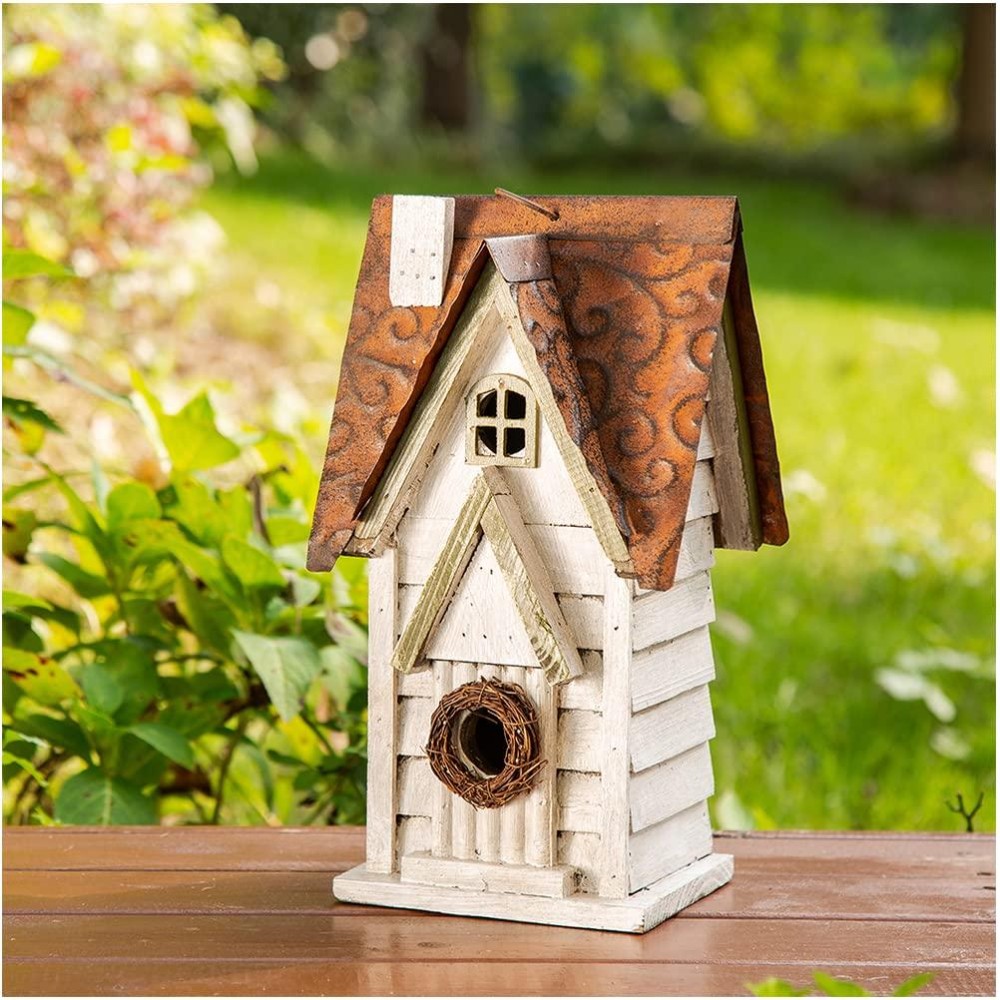 Glitzhome 12 H Washed White Distressed Solid Wood Cottage Birdhouse Hanging Bird House For Outdoors