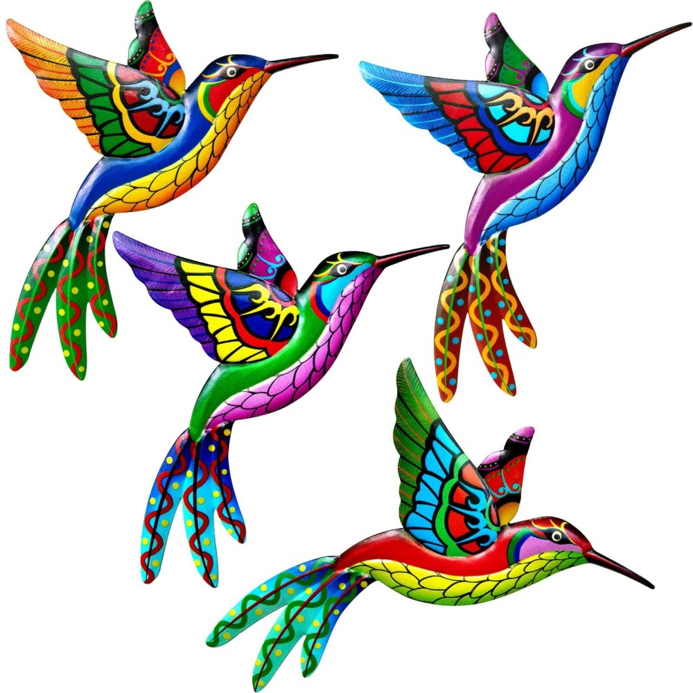 Zyp 4 Pcs Metal Hummingbird Wall Art Decor Metal Colorful Birds 3D Outdoor Sculpture Iron Outdoor Hanging Decor Ornaments Metal