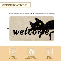 Roszwtit Halloween Cat Front Door Mat 30 X 17 Inch Black Cat Doormat Indoor Outdoor Entrance Linen Floor Rug Halloween Decor Non