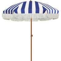 Ammsun 7Ft Patio Umbrella With Fringe Outdoor Tassel Umbrella Upf50 Wood Color Steel Pole And Steel Ribs Push Button Tilt Navy